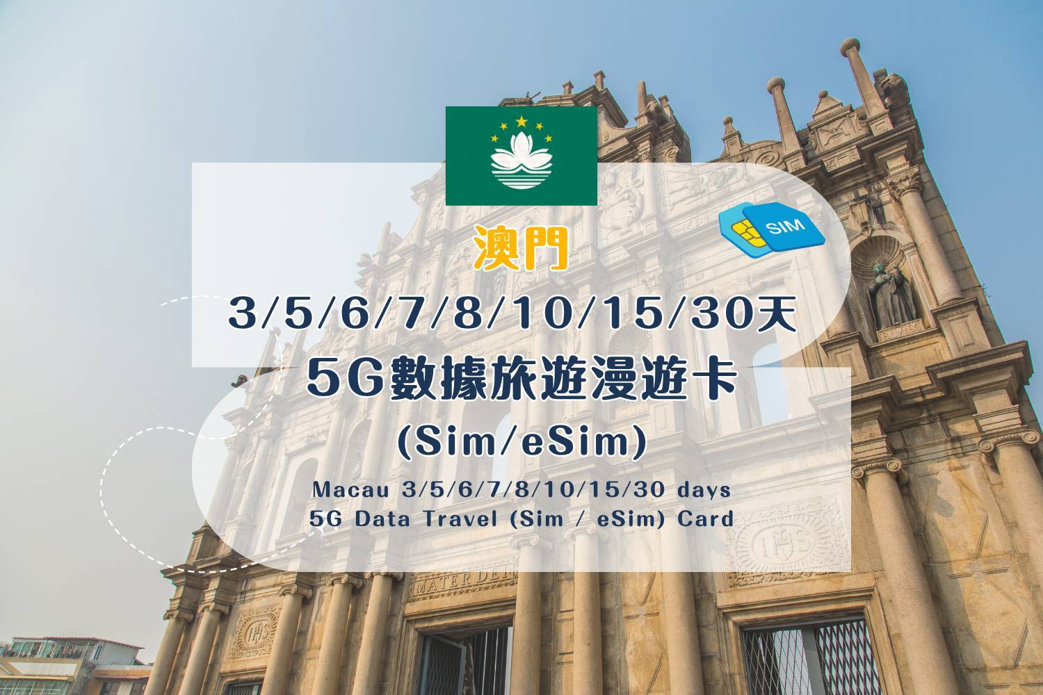 【各地Sim / eSim電話卡】 澳門 3/5/6/7/8/10/15/30天 5G數據旅遊漫遊卡 (包香港本地平郵）